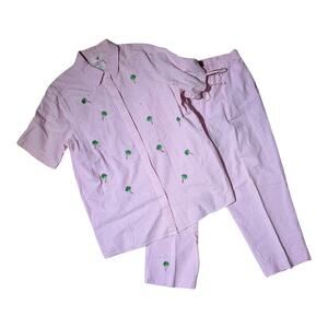 Vtg 1990s Quacker Factory Pink Gingham Palm Tree Embroidered 2 Pc Outfit Set M